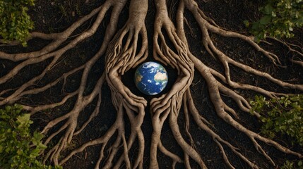 Interconnected Earth: Tree Roots Embracing the Planet in a Symbol of Unity and Nature