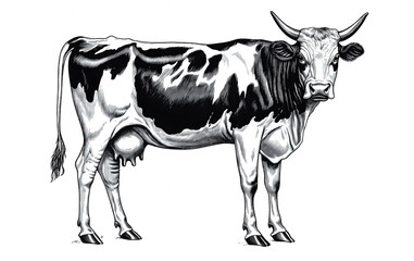 Cow, bull, farm. Vintage retro print, black white cow sketch ink pencil style drawing, engrave old school. Sketch artwork silhouette farm cow, white background. Side view profile. Illustration