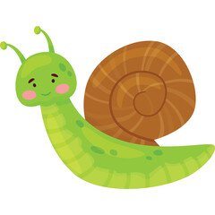 Cute Cartoon Green Snail With Brown Spiral Shell And Antennas Smiling with Pink Cheeks and Happy Expression on Transparent Background