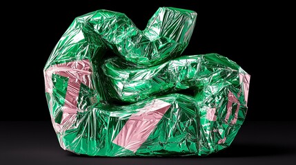 Abstract Green and Pink Foil Sculpture on Black Background Reflecting Modern Art Trends