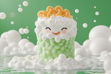 Playful Bubble Sushi Character with Whimsical Smile on Green Background