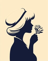 Elegant Silhouette of Woman Holding Flower - Vintage Art Style Illustration