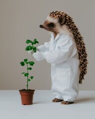 Hedgehog Scientist Examining Plant in Lab Coat - Quirky Stock Photography