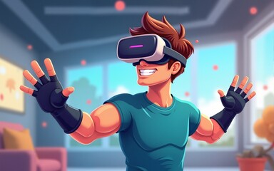 Man with virtual sports concept. Young guy in gloves and vr glasses indoor. Fitness in virtual reality. Cyberspace and metaverse. Active lifestyle and workout. Cartoon flat vector illustration