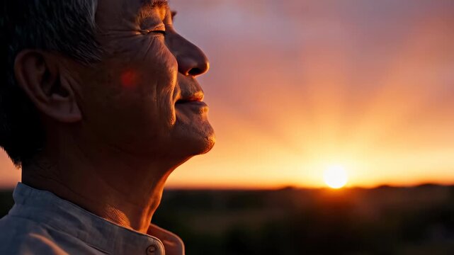 Senior asian man enjoying golden sunset light, serene moment and happy expression outdoors during a peaceful evening.