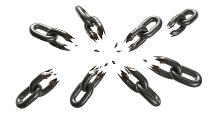 Shiny metal chain links arranged in a circular starburst pattern isolated on transparent background