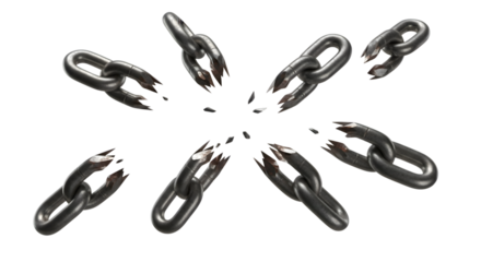 Shiny metal chain links arranged in a circular starburst pattern isolated on transparent background