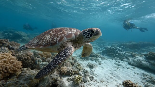 A sea turtle swims gracefully over a vibrant coral reef with divers exploring the clear blue underwater environment