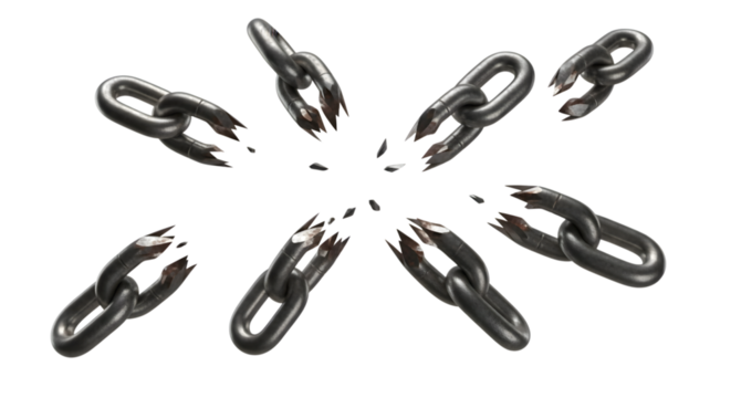 Shiny metal chain links arranged in a circular starburst pattern isolated on transparent background