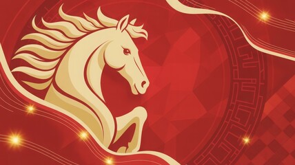 Dynamic yellow horse illustration surrounded by glowing lanterns on red background, Chinese zodiac, year of the horse, Lunar New Year, red horse illustration, zodiac horse, festive illustration, prosp