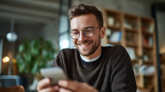 In a cozy coworking space, a young man wearing a knitted sweater is closely focused on his smartphone, engaged in online activity. The modern setting enhances his focus and connect