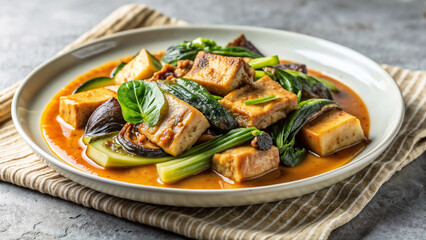 Traditional kare-kare with bok choy served on rustic plate. This kare kare dish offers delicious flavors with braised tofu and fresh bok choy, authentic Filipino cuisine.