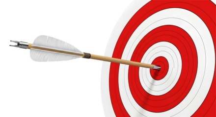 Arrow perfectly hitting the bullseye center of a red and white target isolated on transparent background