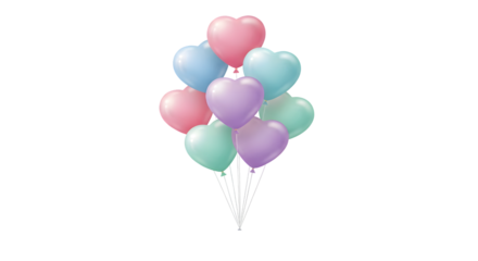 A heart shaped balloon bouquet in pastel colors floating gracefully isolated on transparent background