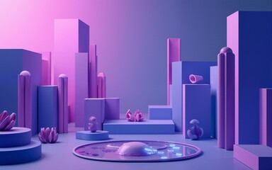 3d rendering of purple and blue abstract geometric background. Scene for advertising, technology, showcase, banner, game, sport, cosmetic, business, metaverse. Sci-Fi Illustration. Product display
