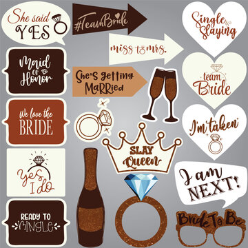 Wedding and bachelorette party photo booth props set. Bridal shower photobooth props. Vector speech bubbles with hen night quotes - team bride, bridesmaid, she said yes. 