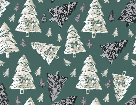 Seamless pattern of Christmas trees with a hand-drawn texture on a dark green background - Powered by Adobe