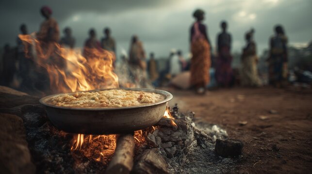 A pot of food bubbles over a lively fire as several women stand nearby, laughing and talking while waiting for their meal. The scene captures the warmth of community and shared mom