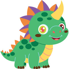 Cute cartoon green dinosaur with purple orange frill and yellow horn on transparent background