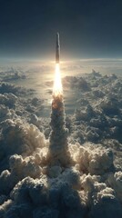 Above the world: missile's silent flight amidst aerial realms. Grotesque style. Celestial command: missile's impactful traverse through air. Experimental photography. Vibrant expression.