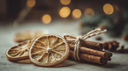 Cozy Christmas decoration with dried orange slices and cinnamon sticks, evoking warmth and spice.