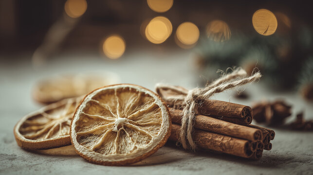 Cozy Christmas decoration with dried orange slices and cinnamon sticks, evoking warmth and spice.