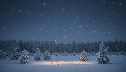 Fototapeta premium Snowy winter forest with small pine trees covered in snow under dark sky