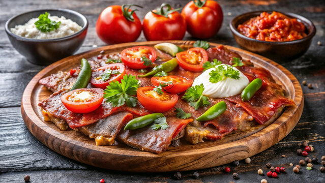 Captivating turkish iskender kebab on rustic wooden plate, delicious meal presentation. Turkish iskender kebab includes sliced meat, pita bread, tomato sauce, yogurt, and melted butter.