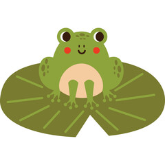 Cute cartoon green frog with big eyes sitting on a large green lily pad with a transparent background
