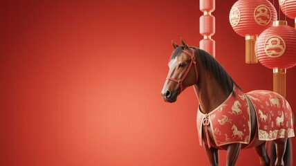 Decorated horse with golden accents surrounded by red lanterns featuring zodiac symbols, festive red gradient background, Chinese zodiac, year of the horse, Lunar New Year, red horse illustration, zod