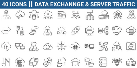 Data exchange, traffic, files, cloud, server line icon set. Outline icon collection. Editable stroke. Vector illustration