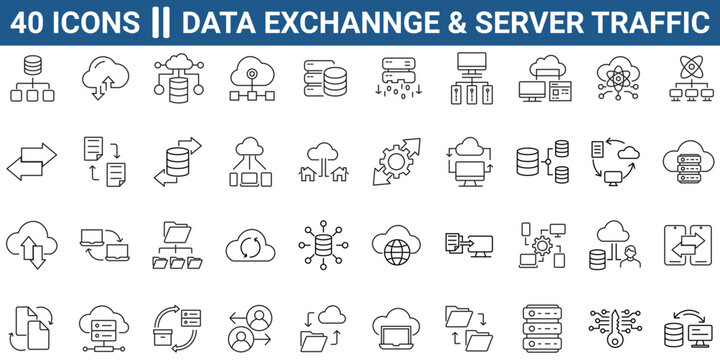 Data exchange, traffic, files, cloud, server line icon set. Outline icon collection. Editable stroke. Vector illustration - Powered by Adobe