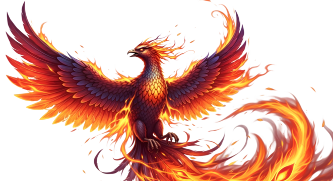 Majestic fiery phoenix rising with wings spread in a burst of flames isolated on transparent background