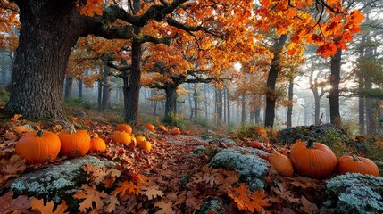 Mystical autumn forest with halloween harvest. Product showcase. Festive wallpaper: pumpkins in a misty autumn field. Concept art. Advertising photo.