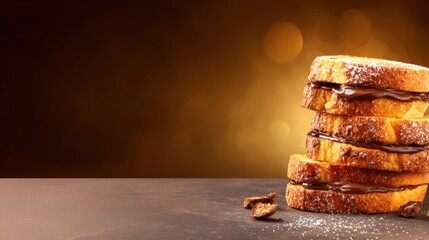 Stacked golden French toast slices dusted with powdered sugar against a blurred warm background
