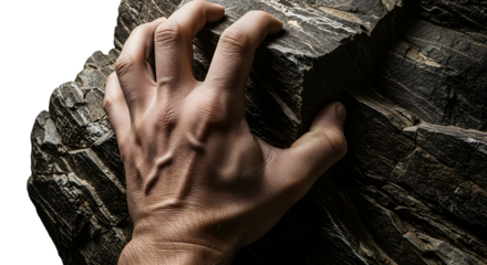Close up of a human hand gripping a textured rock surface isolated on transparent background