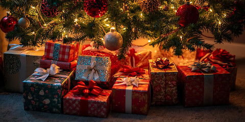 Festive Christmas scene with wrapped gifts under glowing tree adorned with red and silver ornaments