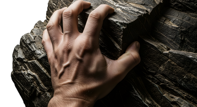 Close up of a human hand gripping a textured rock surface isolated on transparent background