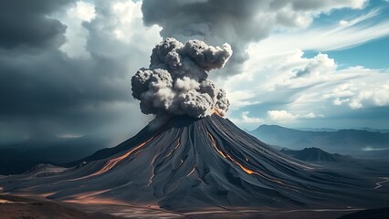 propelled. Volcanic eruption with ash and rocks against dramatic sky, wide landscape, earthy tones. ESG reports.