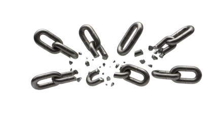Several silver metal chain links breaking apart in a dynamic explosion isolated on transparent background