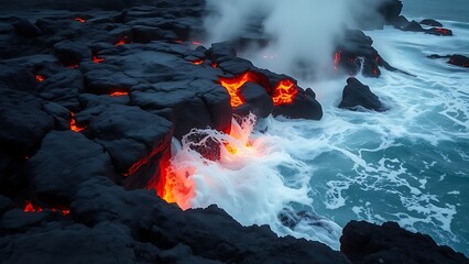 eruption. Molten lava meeting ocean water, cooling into dark rock with rising steam. ESG reports, sustainability campaigns, designed for sustainability communications and ESG reporting.