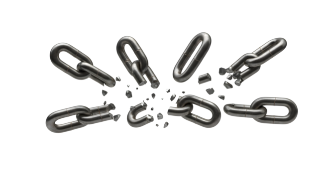 Several silver metal chain links breaking apart in a dynamic explosion isolated on transparent background - Powered by Adobe