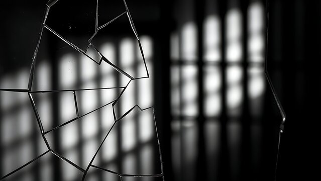 universalism. A broken glass pane with the blurred shadow of prison bars behind it. wellbeing guides, coaching materials, designed for mental health education and mindfulness programs.