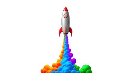 A vibrant rocket blasting off with colorful smoke trails isolated on transparent background