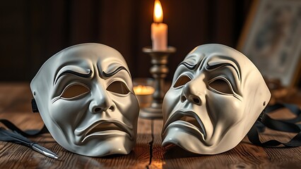comedy. Broken comedy and tragedy masks on a wooden table, burnt candle and quill. symbolizing life milestones and joyful moments.