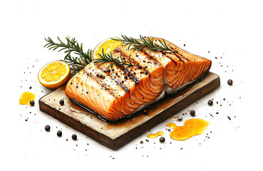 Seafood, salmon steak. Vintage retro print, seafood cuisine, grilled salmon steak, sketch ink pencil style drawing, linear, engrave old school. Sketch artwork silhouette salmon steak. Illustration