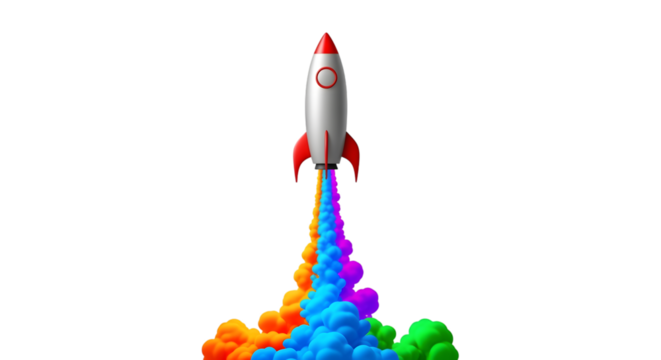 A vibrant rocket blasting off with colorful smoke trails isolated on transparent background