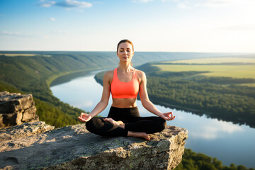 Fototapeta premium a woman practices yoga in a meditative pose on a rocky cliff overlooking a scenic river valley