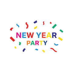 New year party text with colorful confetti and streamers on white background Vector, illustration