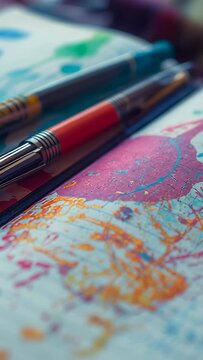 Vertical video: Shot opening focusing red pen tip on desk shifting revealing green pen and notebook